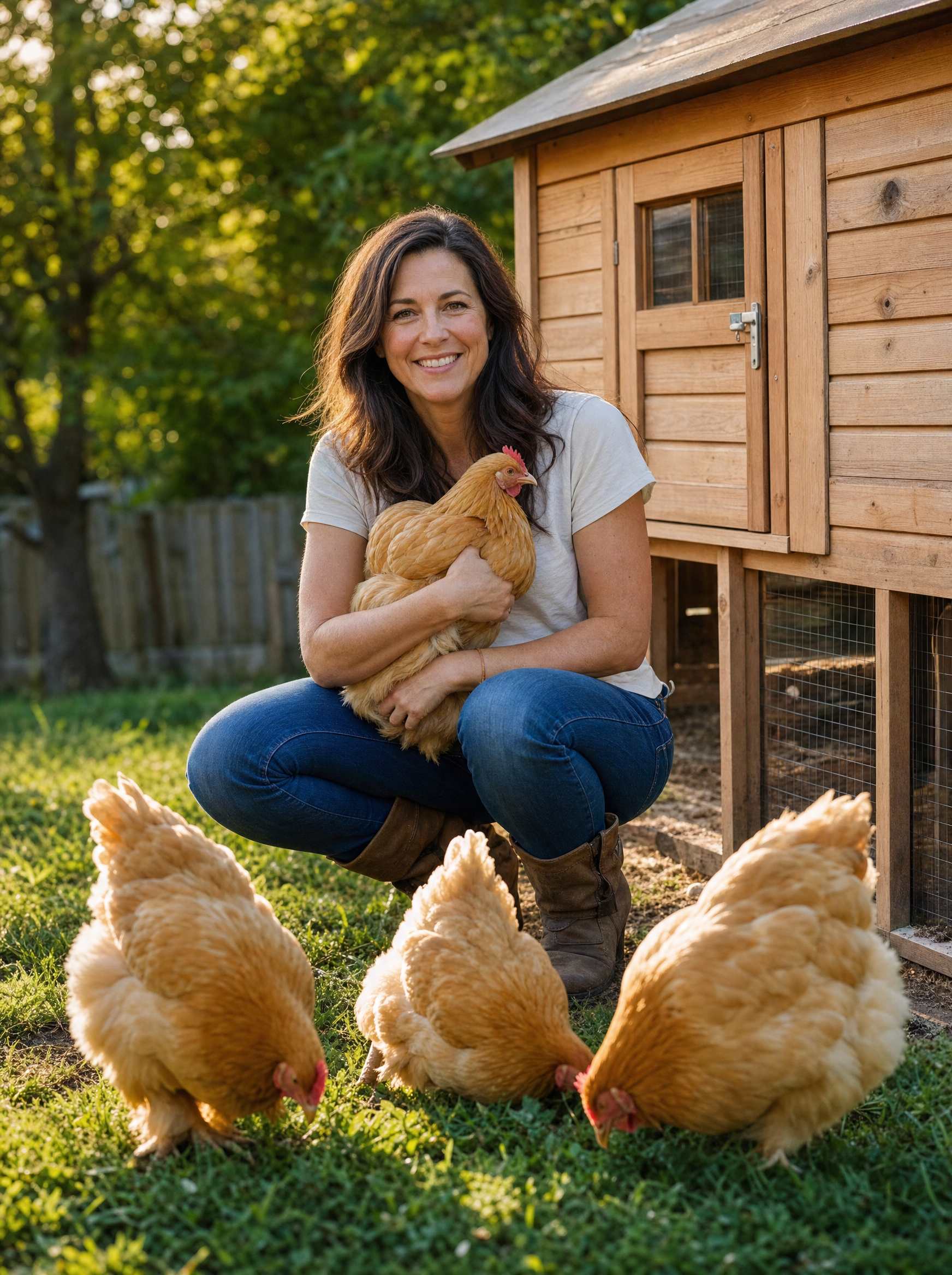 A backyard keeper holding her Buff Orpington in front of the coop
