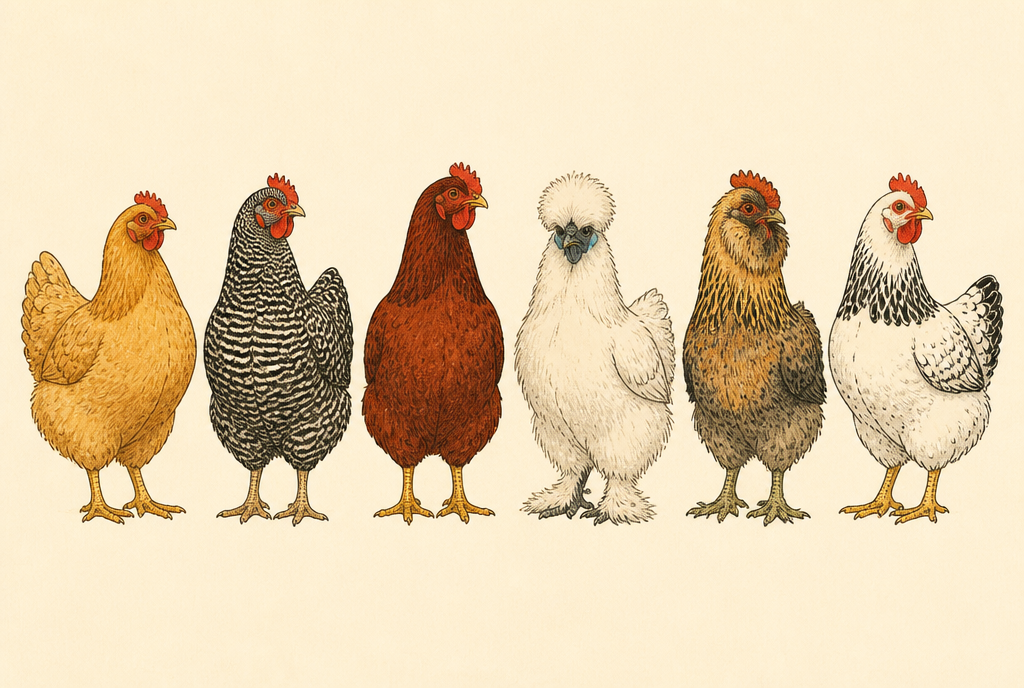 Six illustrated chicken breeds standing in a row on a cream background