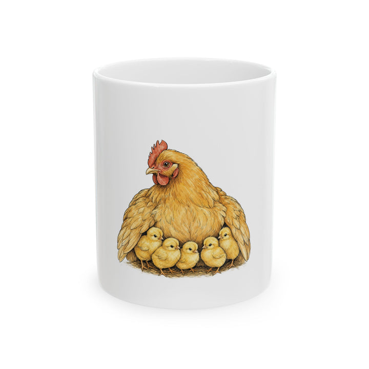 Mother Hen chicken mom mug, 11 oz white ceramic with hen and chicks illustration