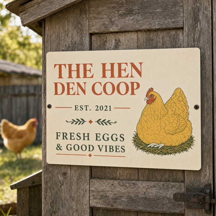 Personalized chicken coop yard sign with coop name, est. year and breed illustration