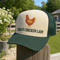 Crazy Chicken Lady embroidered trucker hat, cream and forest green