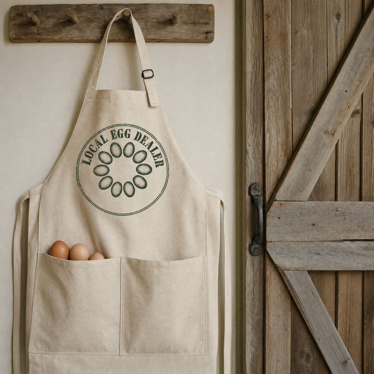 Egg Run canvas apron with two front pockets