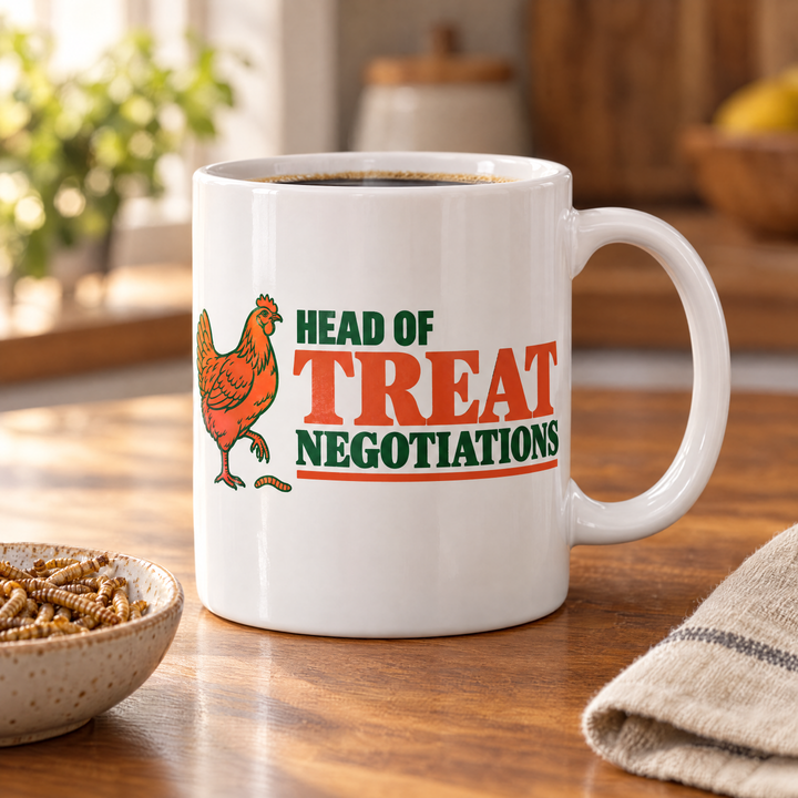 Head of Treat Negotiations 11 oz ceramic mug with illustrated hen and mealworm