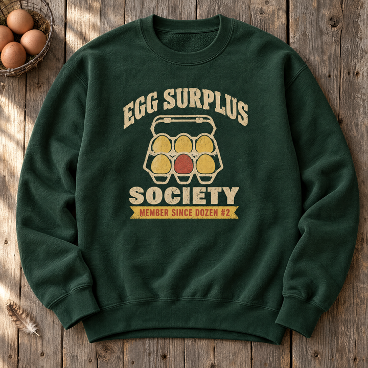 Egg Surplus Society Forest green crewneck sweatshirt with egg carton badge